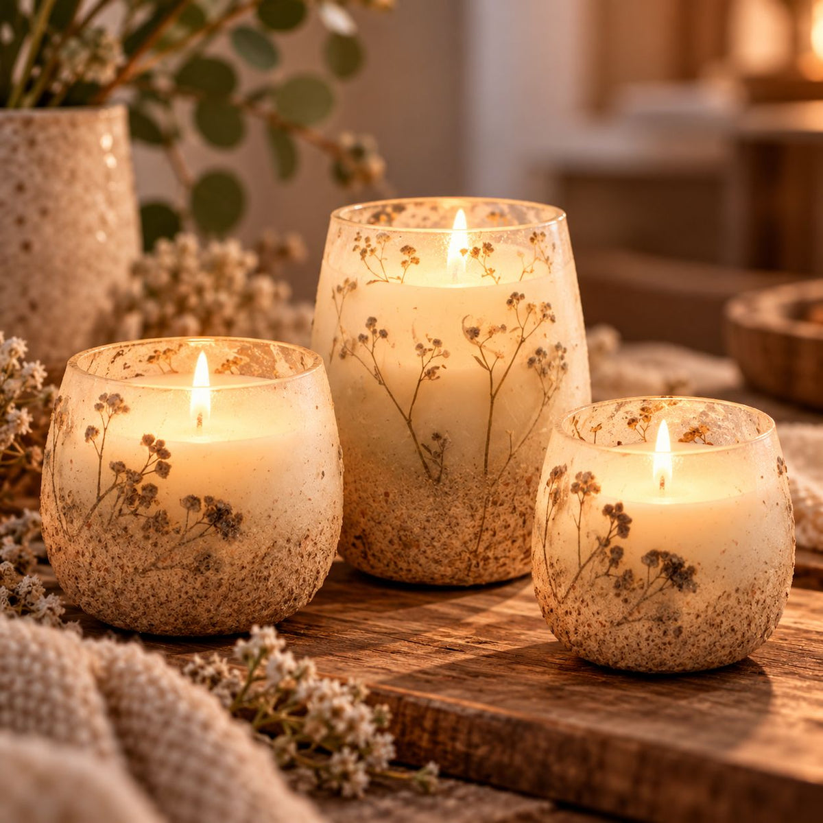 Wildlight Woods Kaarsenset – 3 Glazen Kaarsen met Gedroogde Bloemen