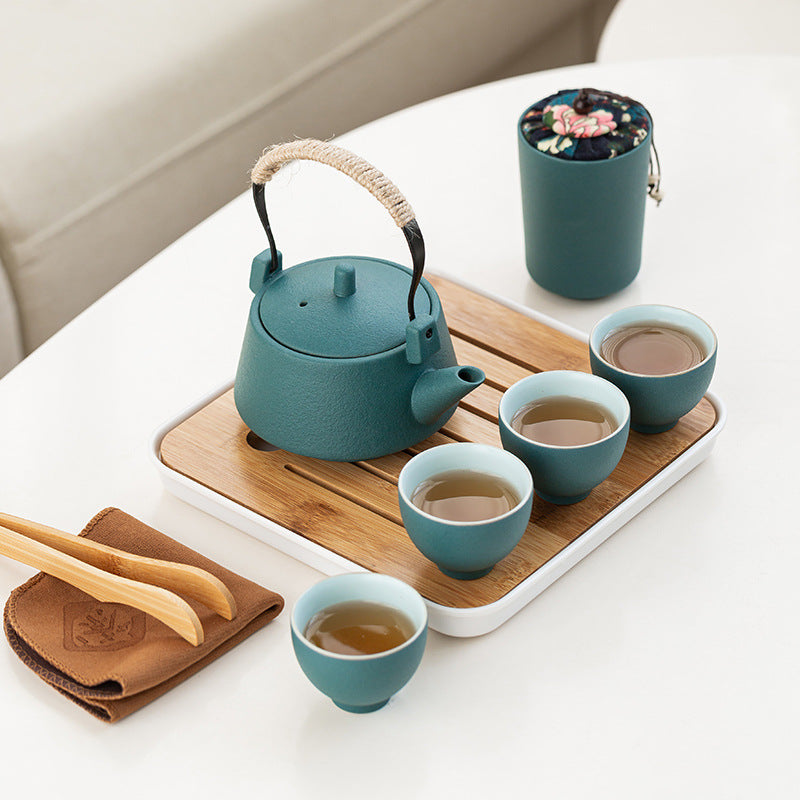 Draagbare Keramische Theeset – 1 Theepot & 4 Kopjes met Reiskoffer