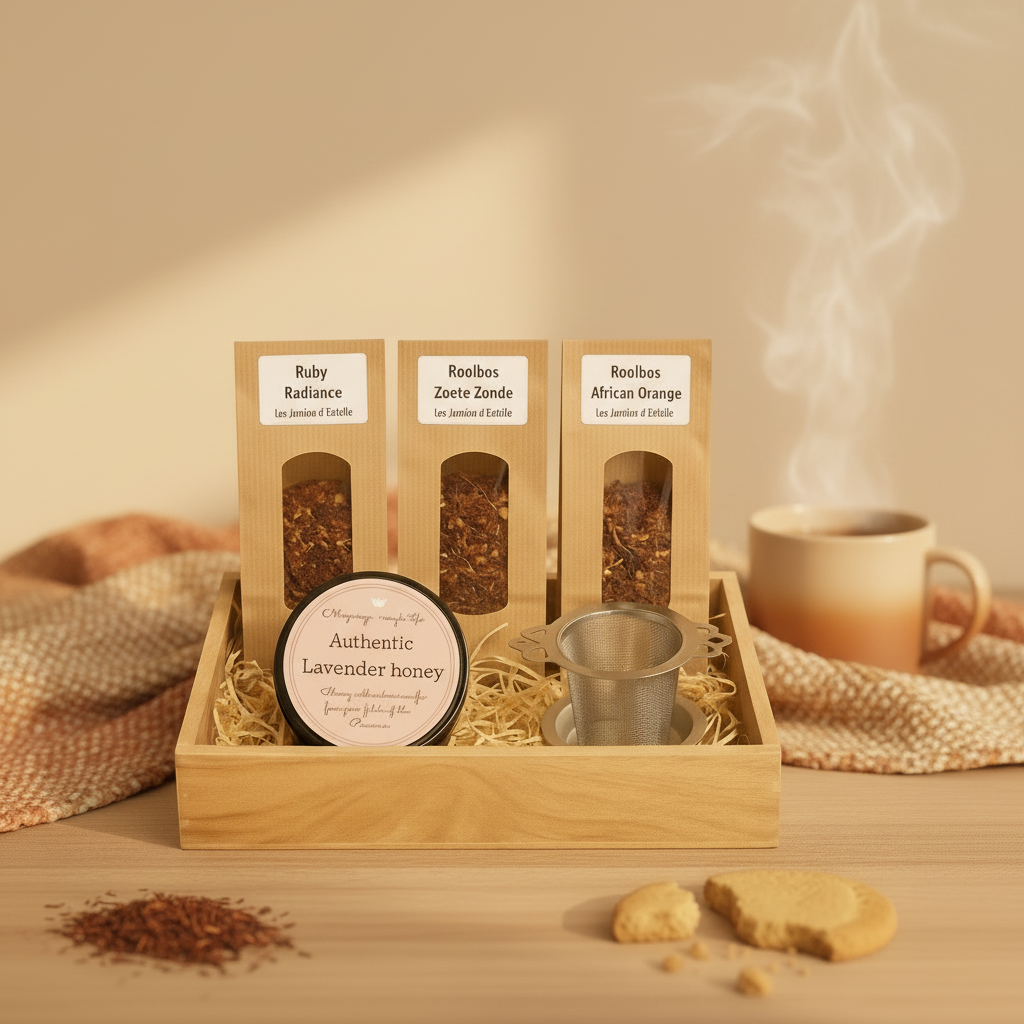 Theeritueel in houten dienblad – Rooibos trio, lavendelhoning & theefilter