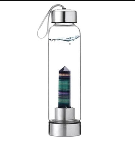 Crystal Infused Waterfles – Glazen Elixir Fles met Edelstenen & Bamboe Dop | Voor Energie, Balans en Bewuste Hydratatie