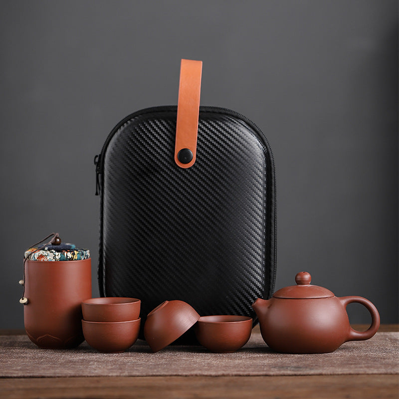 Draagbare Zisha Theeset – Traditionele Chinese Purple Clay Reistheeset met Theepot & 4 Kopjes