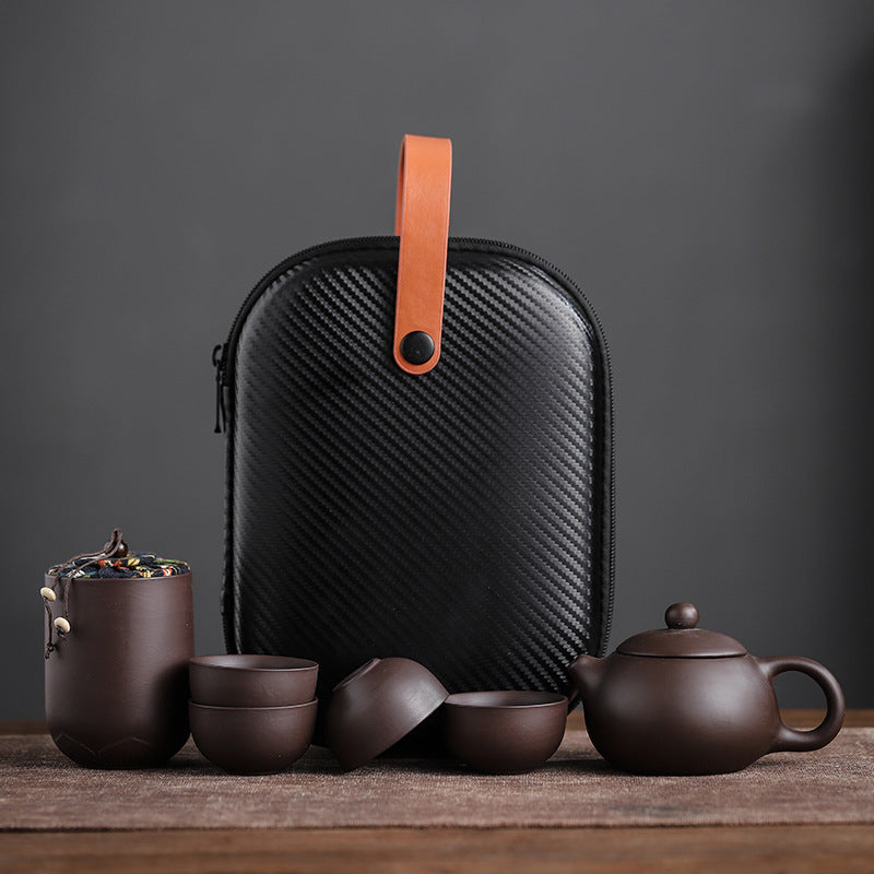 Draagbare Zisha Theeset – Traditionele Chinese Purple Clay Reistheeset met Theepot & 4 Kopjes