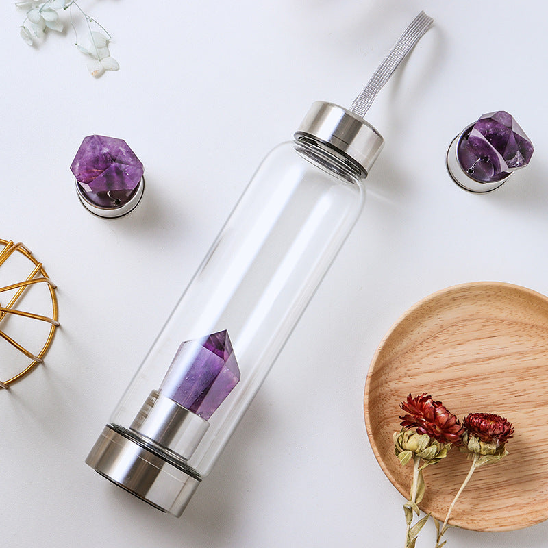 Crystal Waterfles met Amethist – Glazen Edelsteen Fles voor Rust, Balans & Bewuste Hydratatie