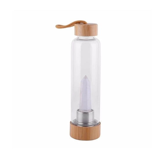 Crystal Infused Waterfles – Glazen Elixir Fles met Edelstenen & Bamboe Dop | Voor Energie, Balans en Bewuste Hydratatie