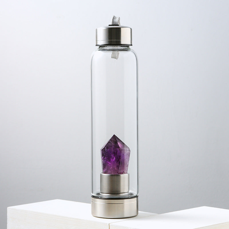 Crystal Waterfles met Amethist – Glazen Edelsteen Fles voor Rust, Balans & Bewuste Hydratatie