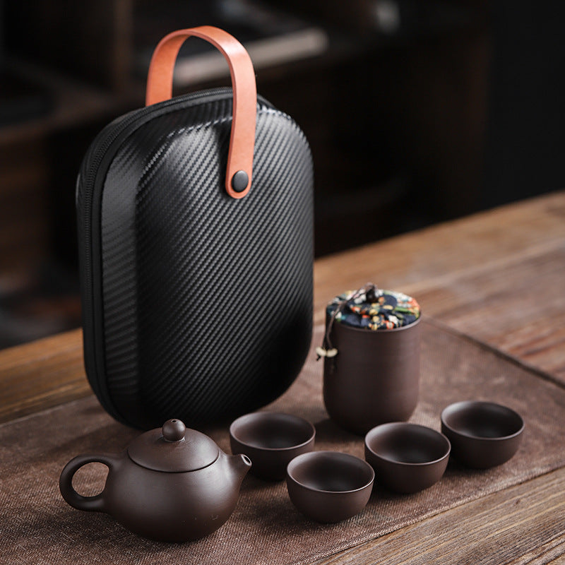 Draagbare Zisha Theeset – Traditionele Chinese Purple Clay Reistheeset met Theepot & 4 Kopjes