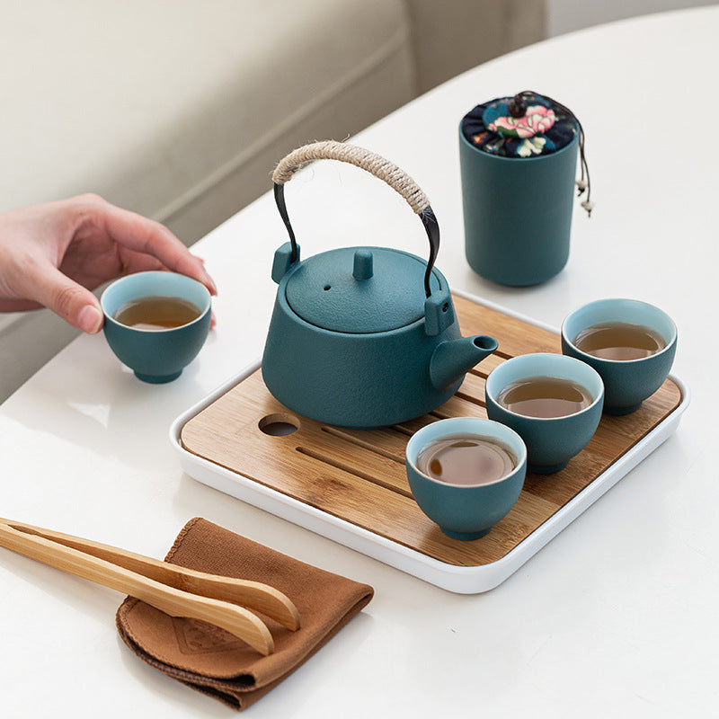 Draagbare Keramische Theeset – 1 Theepot & 4 Kopjes met Reiskoffer
