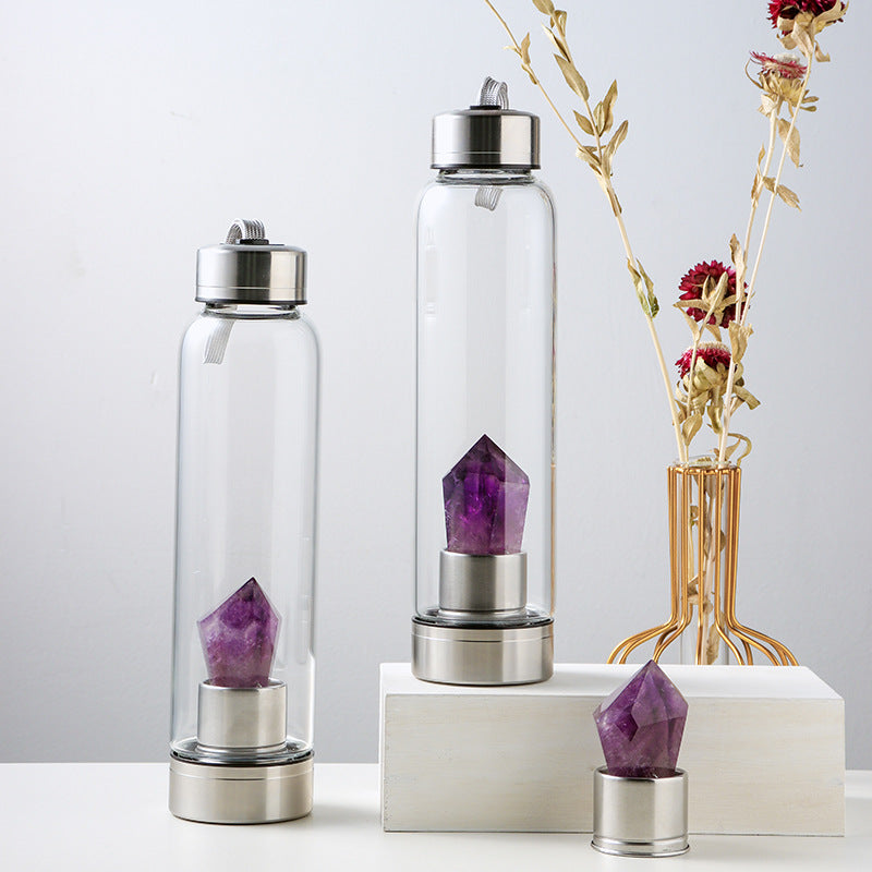Crystal Waterfles met Amethist – Glazen Edelsteen Fles voor Rust, Balans & Bewuste Hydratatie