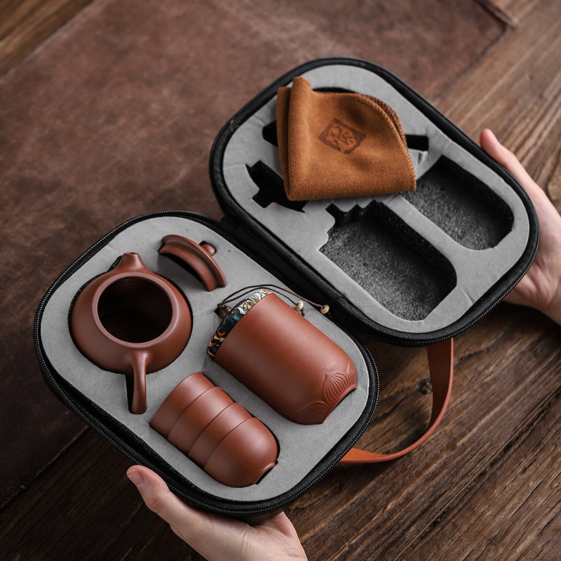 Draagbare Zisha Theeset – Traditionele Chinese Purple Clay Reistheeset met Theepot & 4 Kopjes