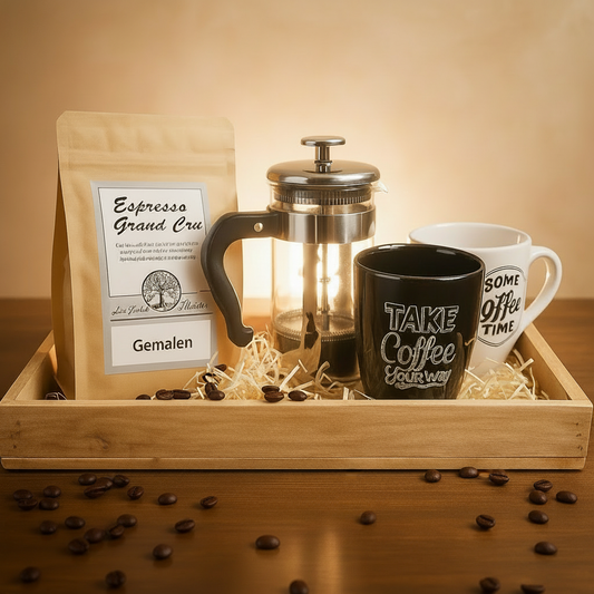 ☕Koffieritueel op dienblad – Espresso Grand Cru, French press & mokken