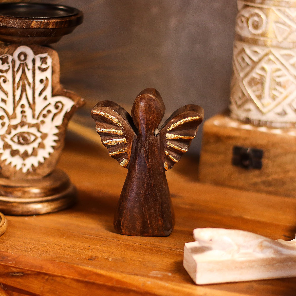 Mango Houten Engel met Gouden Vleugels – Small