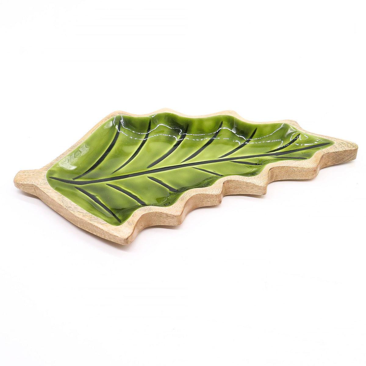 Mango Houten Bladschaal met Groen Emaille – 33 cm