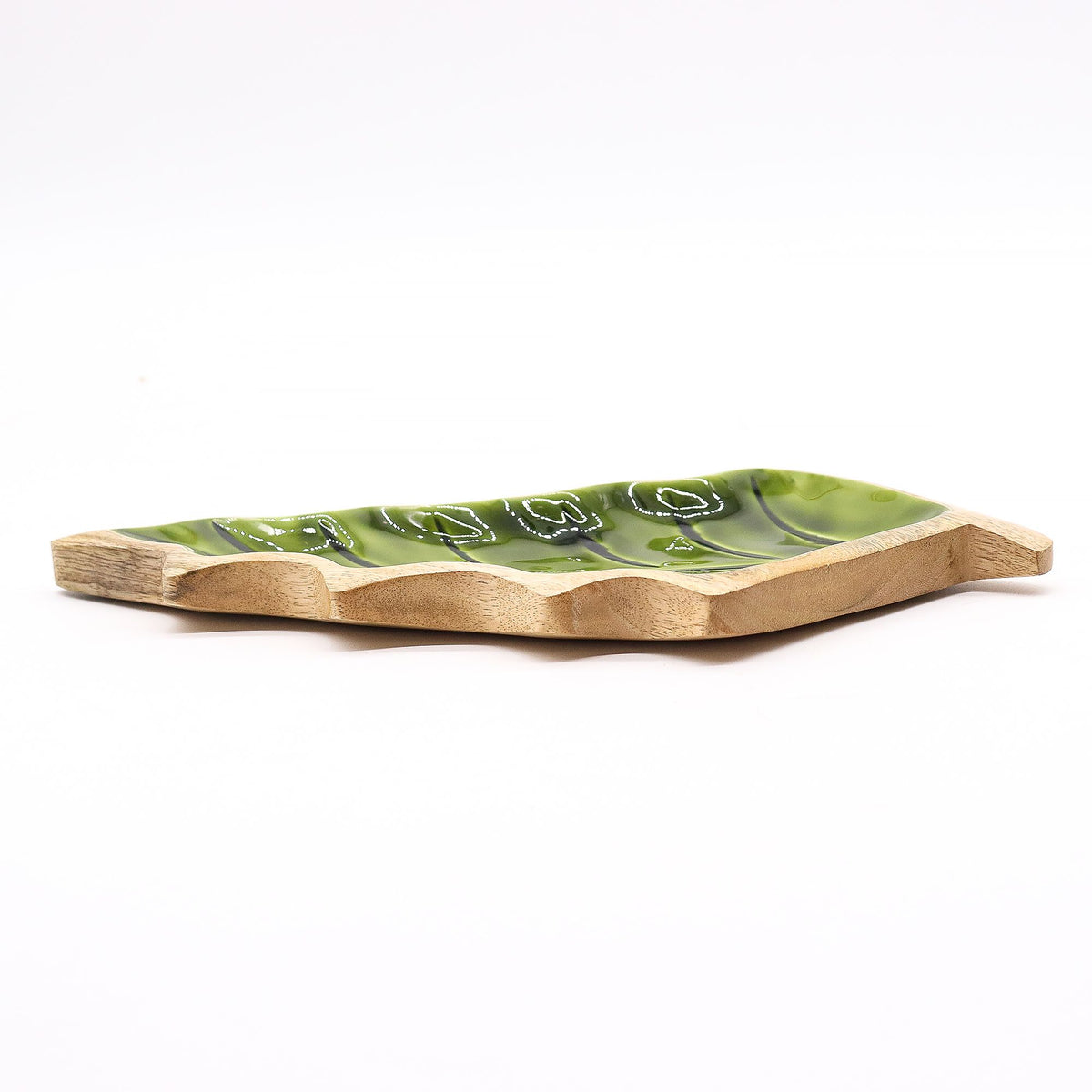 Mango Houten Bladschaal met Groen Emaille – 33 cm