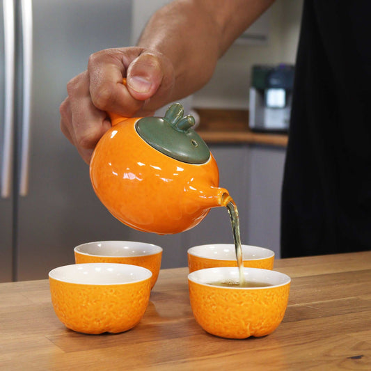 Keramische Theeset Warm Orange – Theepot & 4 Kopjes