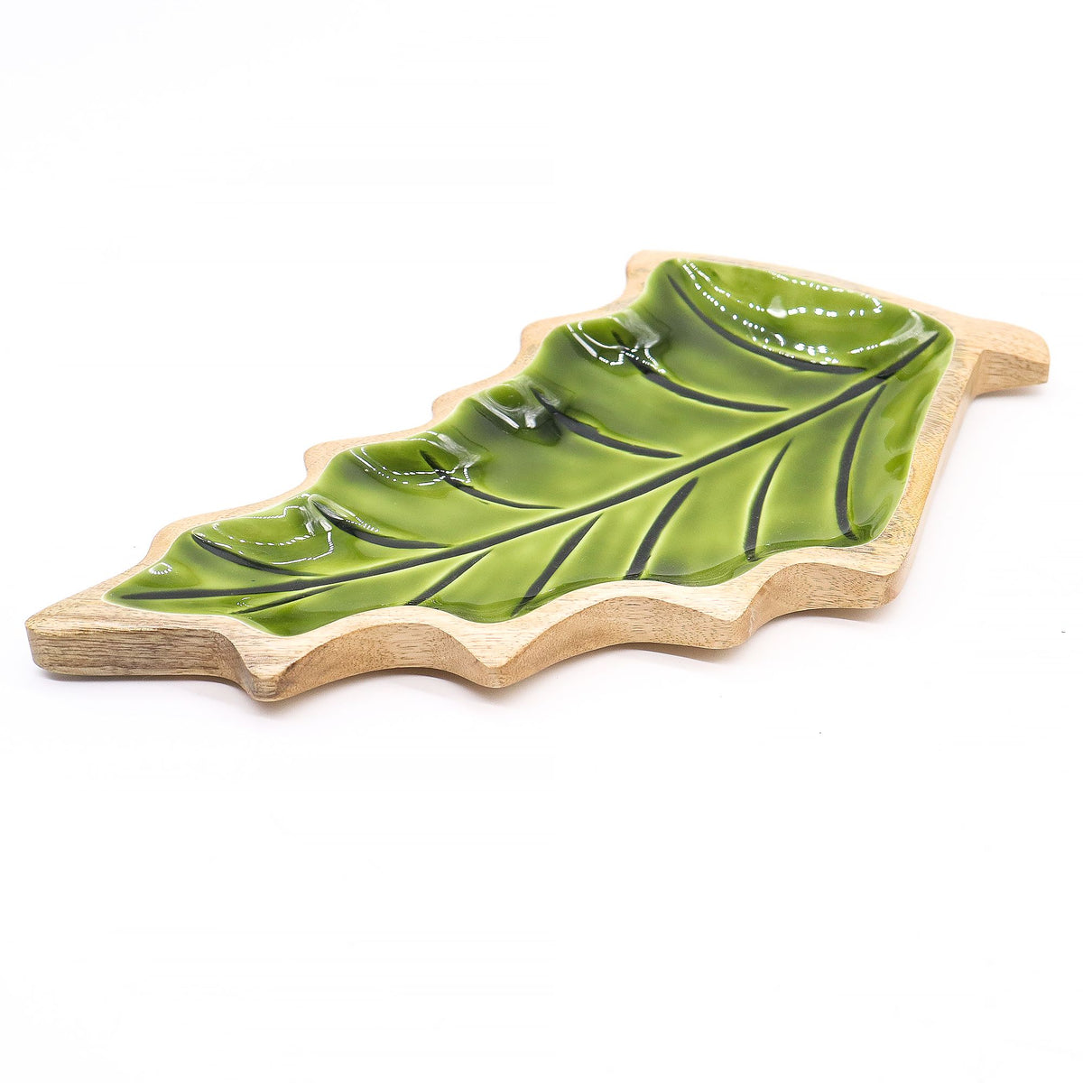 Mango Houten Bladschaal met Groen Emaille – 33 cm