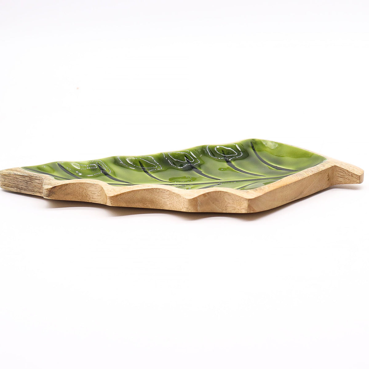 Mango Houten Bladschaal met Groen Emaille – 33 cm