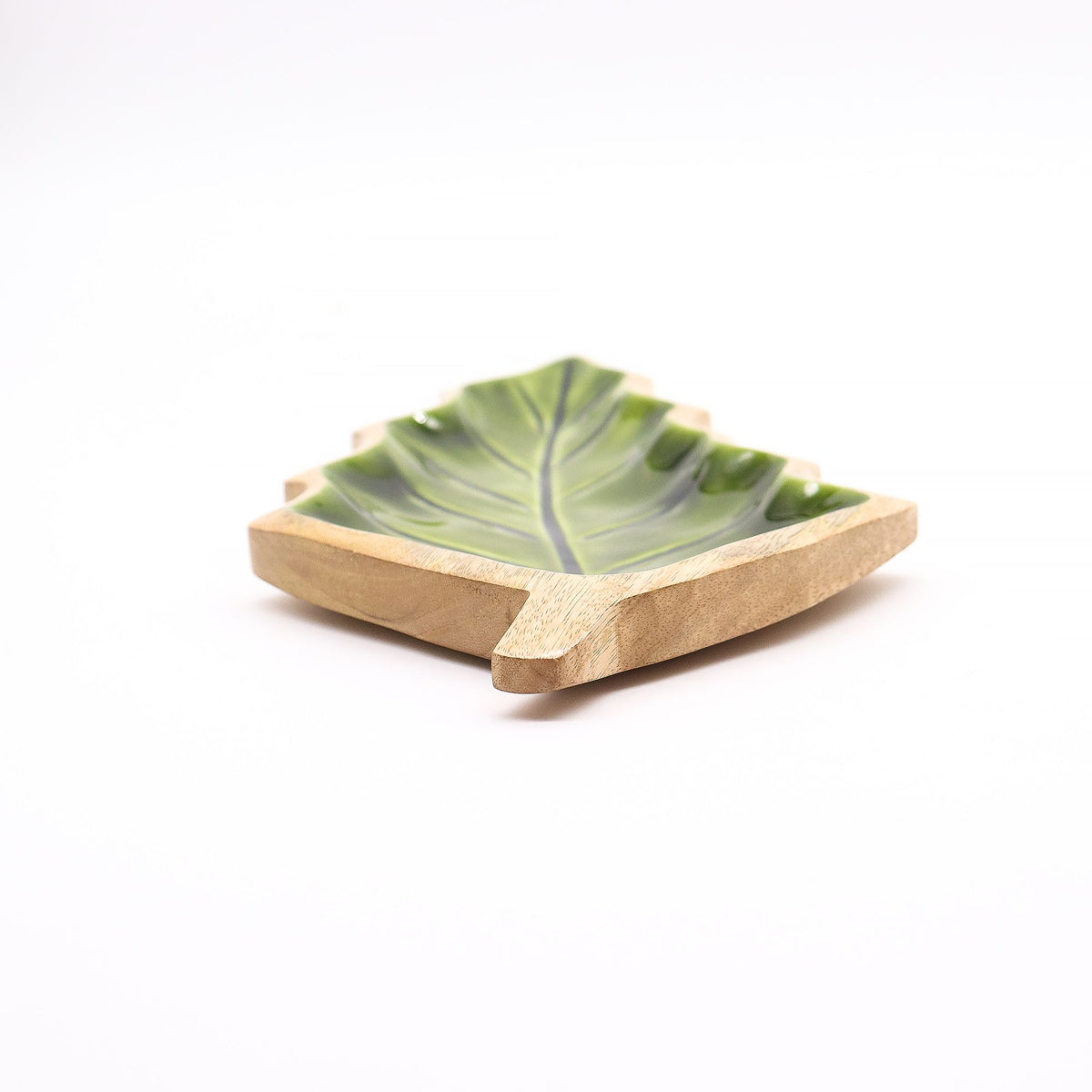 Mango Houten Bladschaal met Groen Emaille – 33 cm