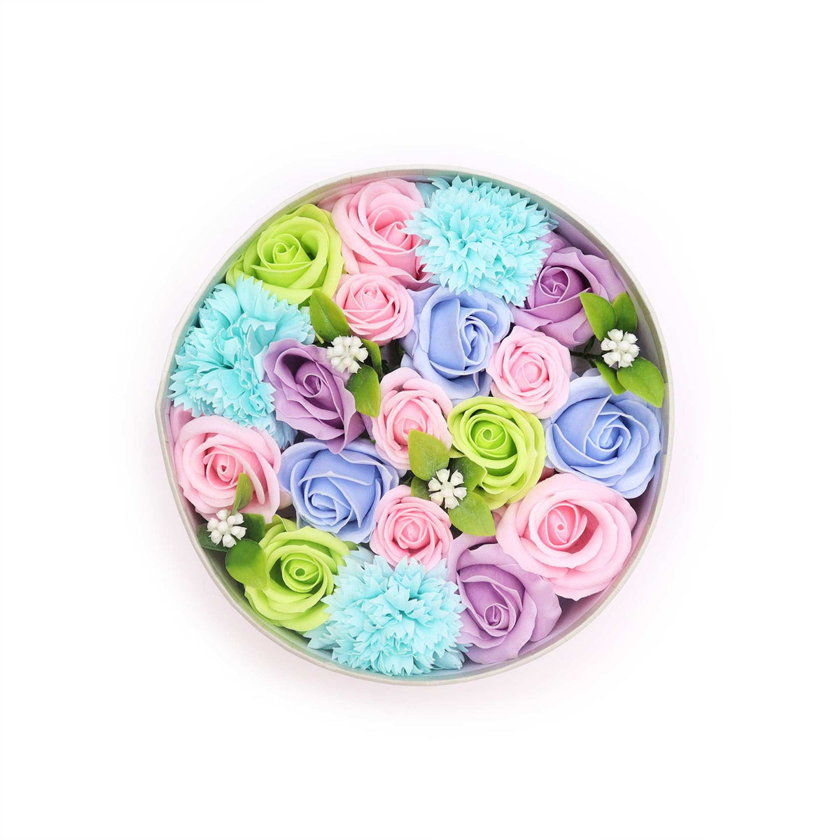 Baby Blessings – Blauwe Zeepbloemen in Ronde Geschenkdoos
