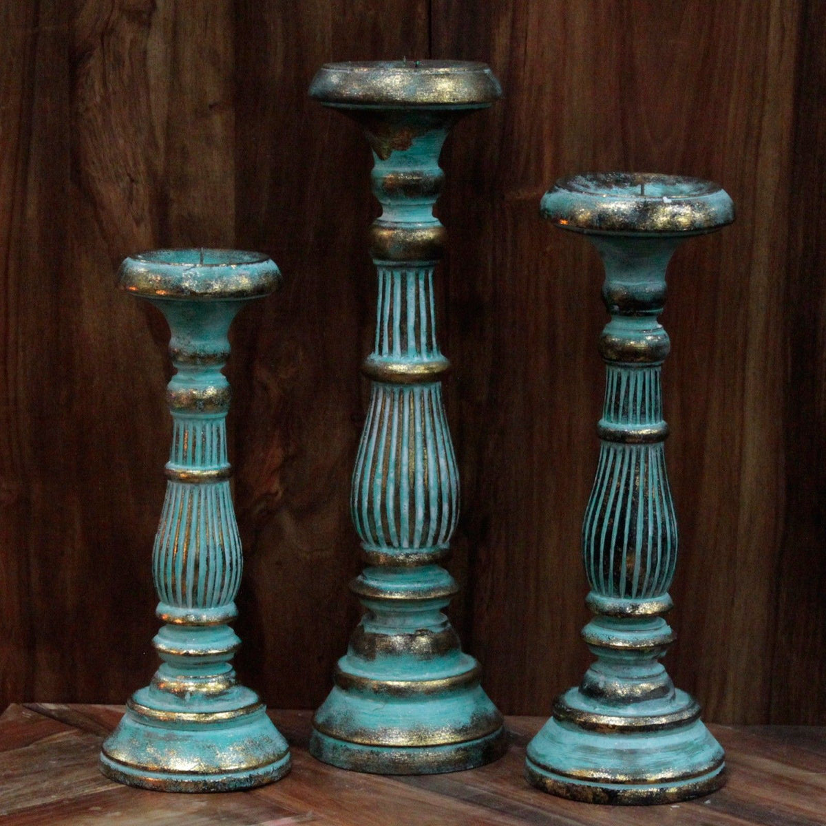 Houten Kandelaar Turquoise Gold – 34 cm