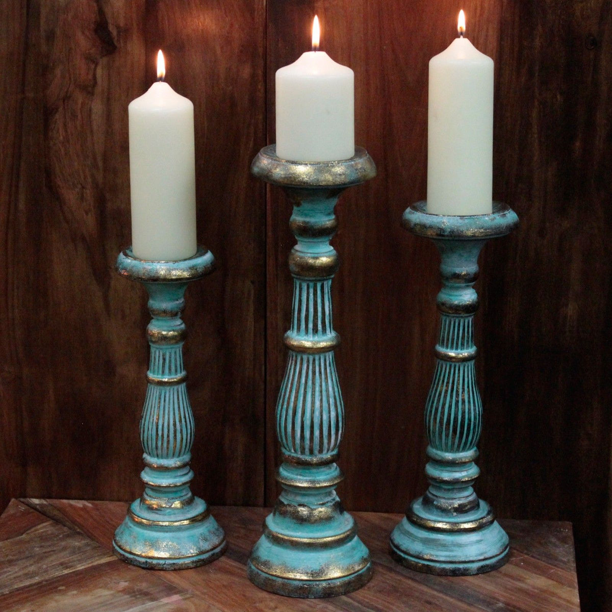 Houten Kandelaar Turquoise Gold – 34 cm
