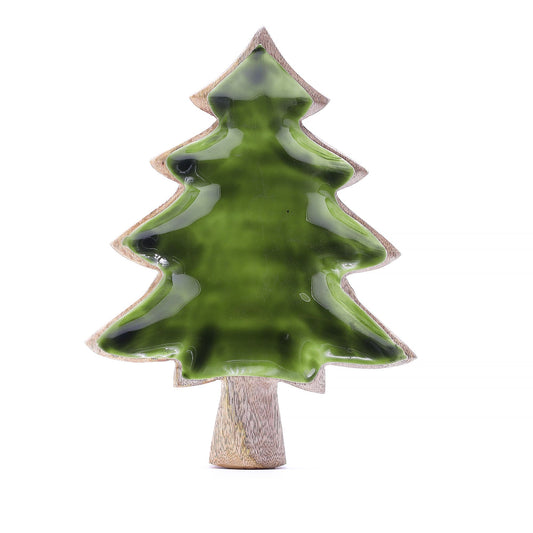 Mango Houten Kerstboomschaal met Groen Emaille – 25 cm