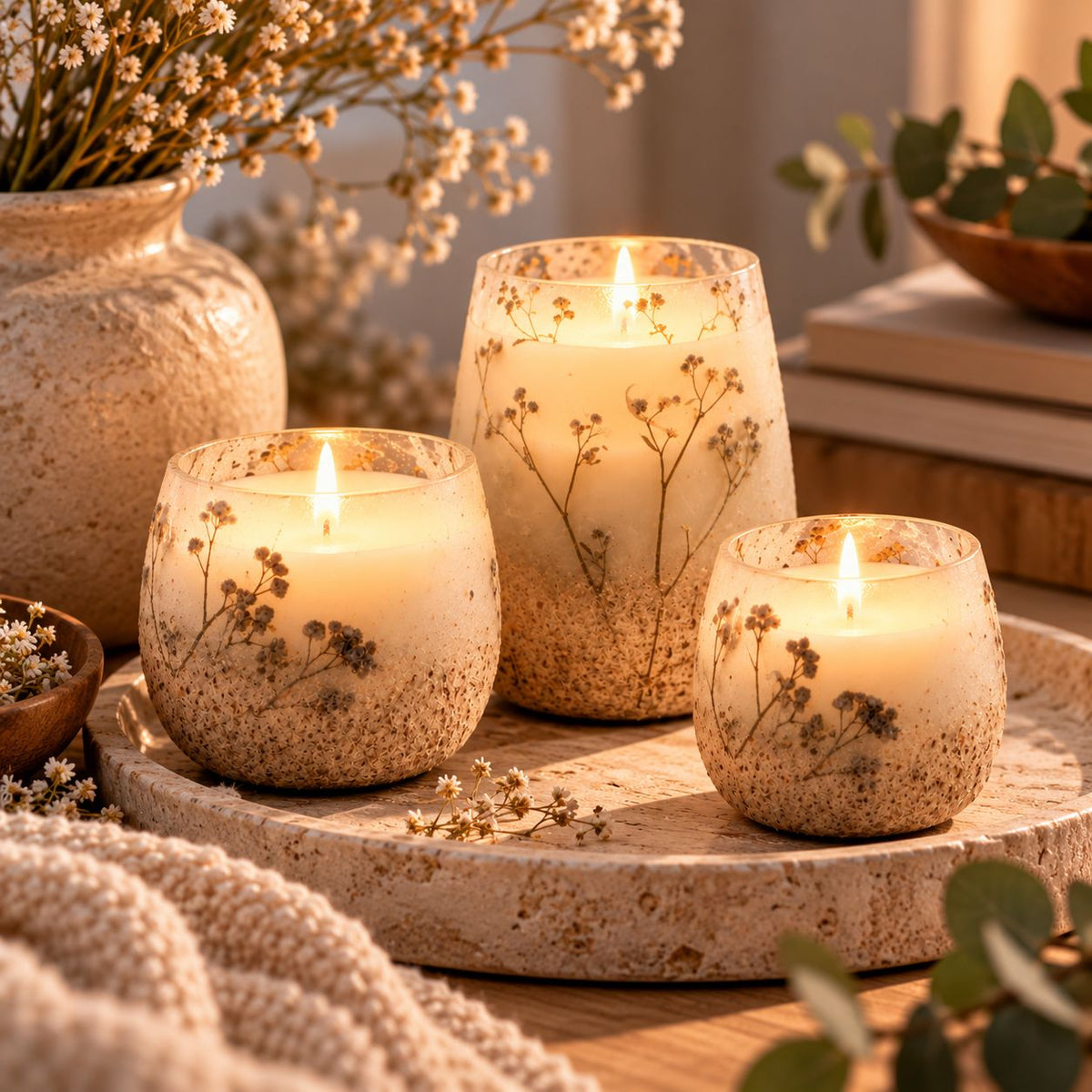 Wildlight Woods Kaarsenset – 3 Glazen Kaarsen met Gedroogde Bloemen