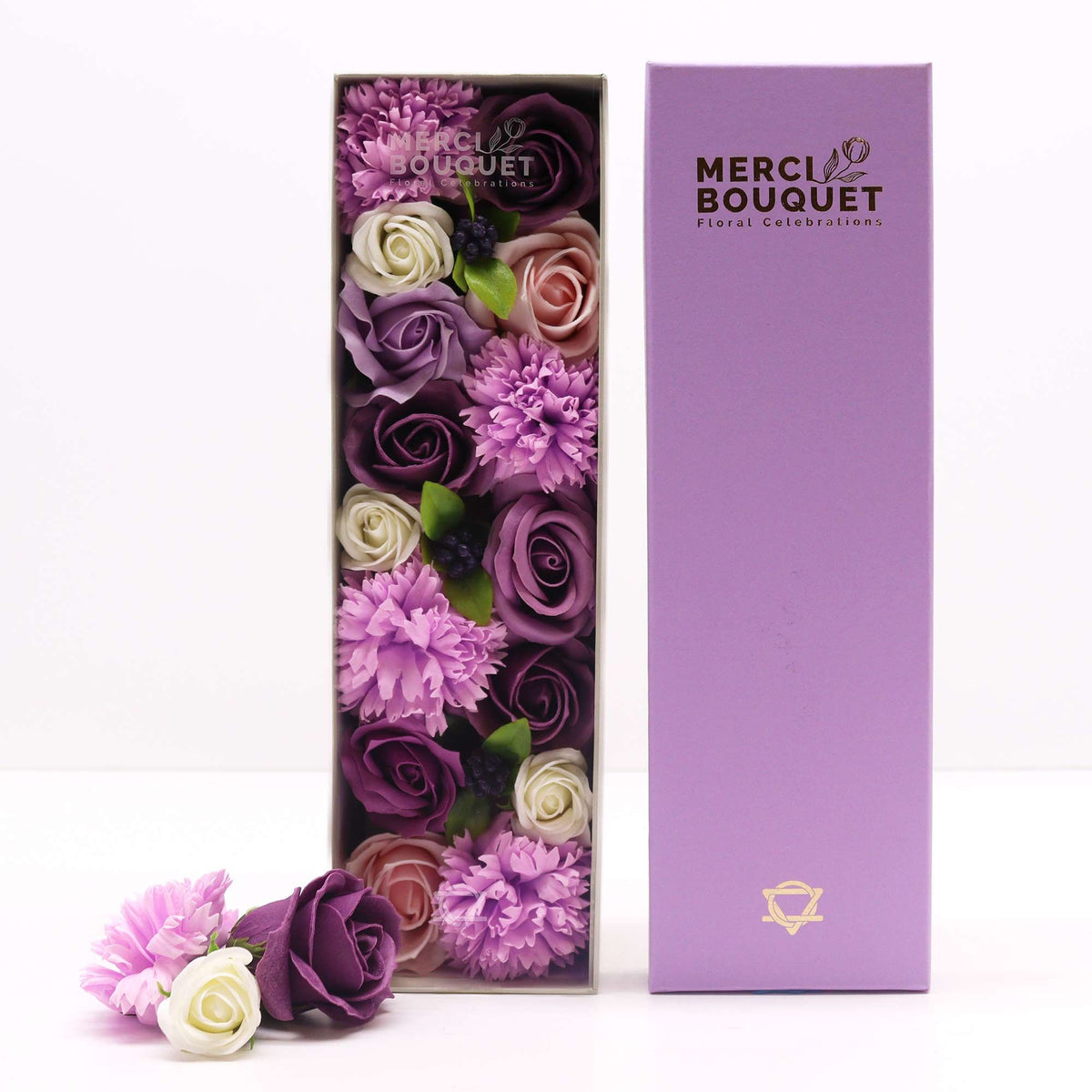 Lavender Rose & Carnation – Lavendelkleurige Zeepbloemen – 28 cm