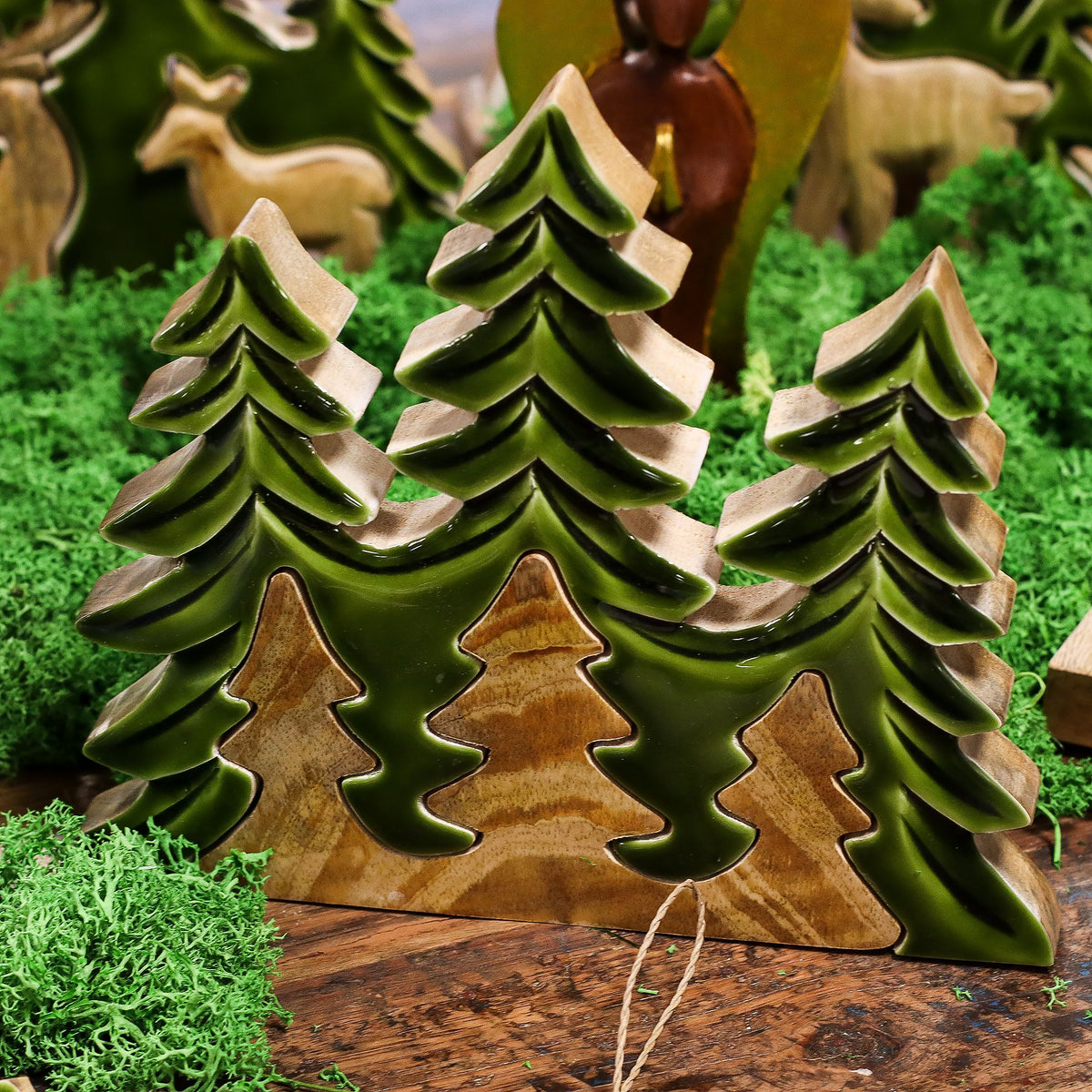 Mango Houten Kerstbomen 3D – Groen Emaille – 23 cm