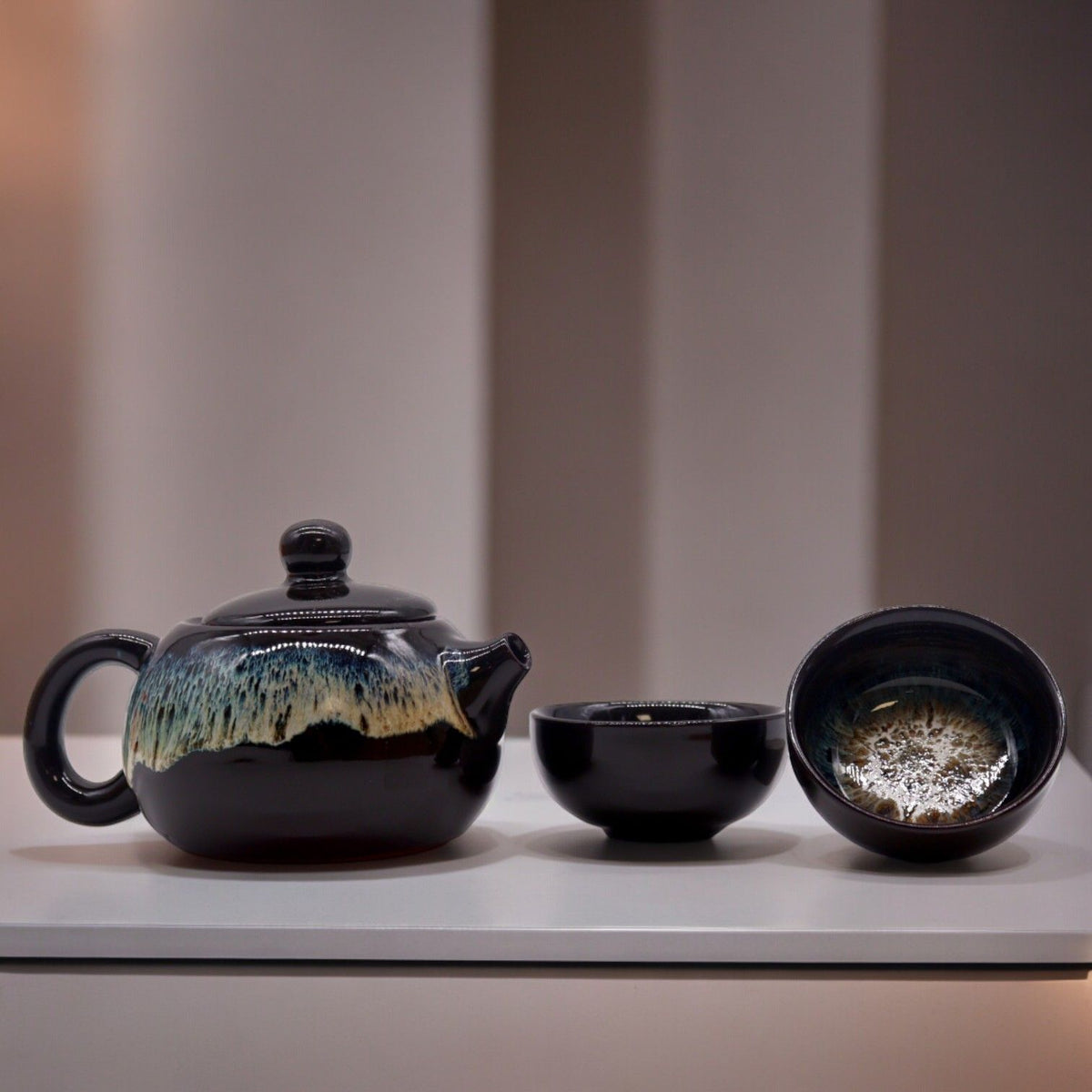 Keramische Theeset Black Glaze – Theepot & 2 Kopjes