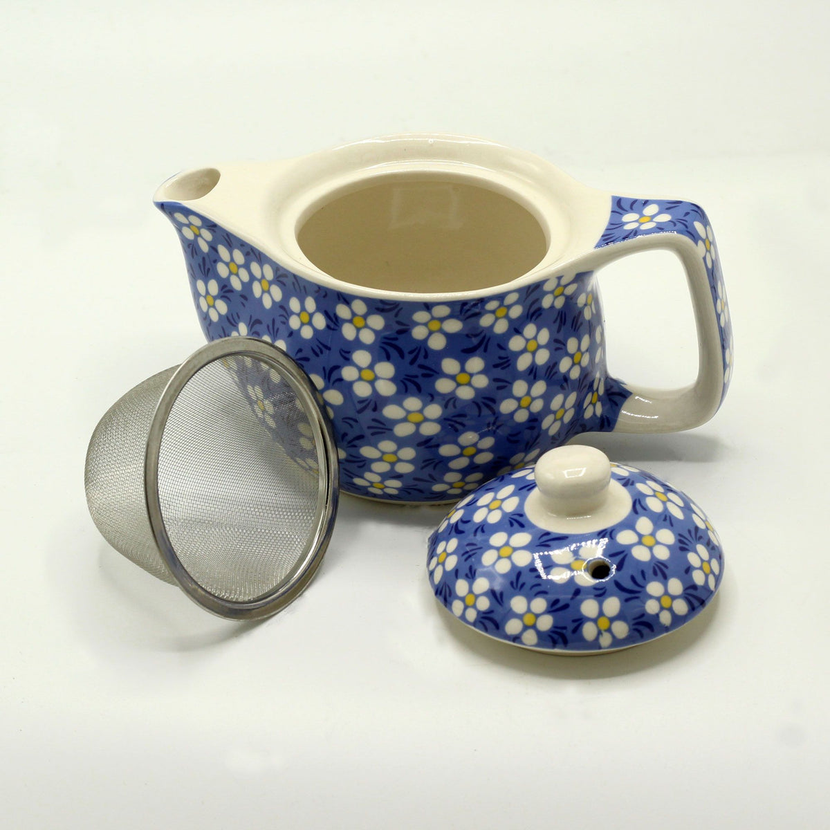Kleine Keramische Theepot Blue Daisy met Theezeef – 350 ml