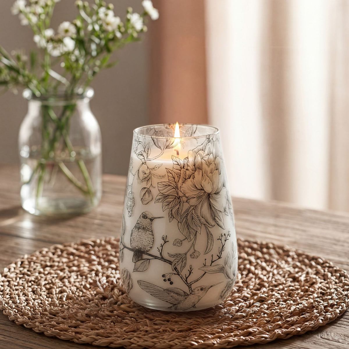 Drawn by Flame Kaarsenset – 3 Glazen Kaarsen met Botanische Vogelillustraties
