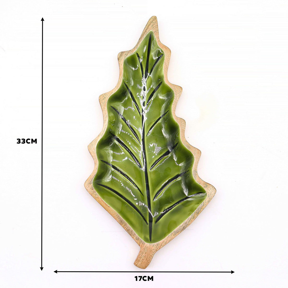 Mango Houten Bladschaal met Groen Emaille – 33 cm