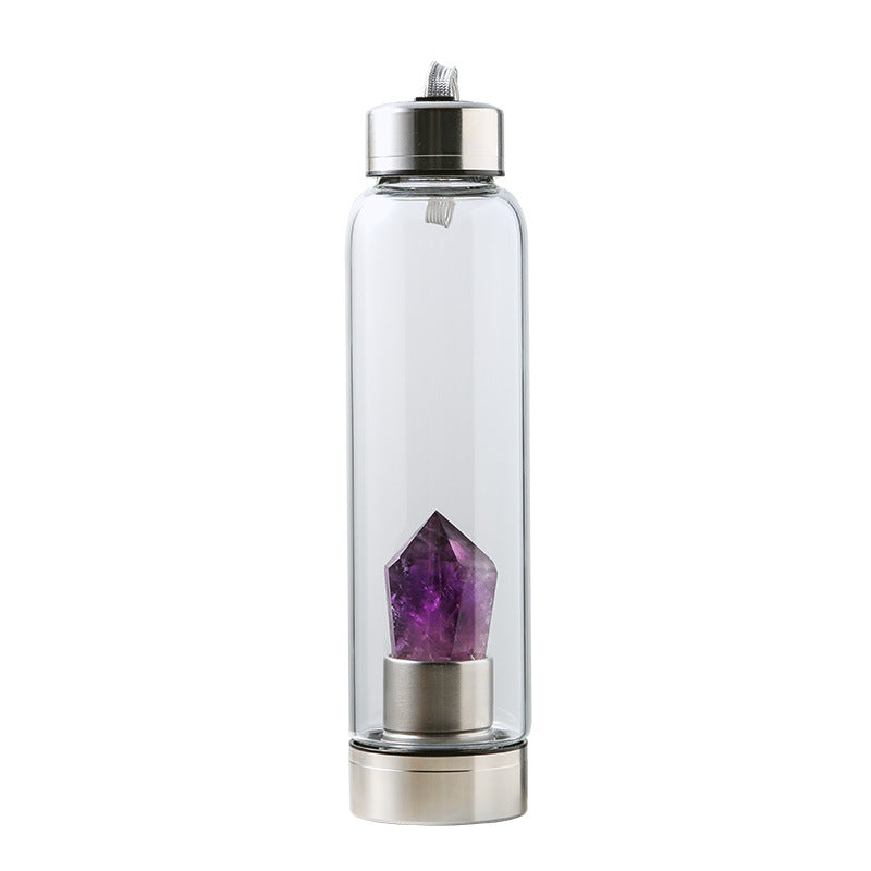 Crystal Waterfles met Amethist – Glazen Edelsteen Fles voor Rust, Balans & Bewuste Hydratatie