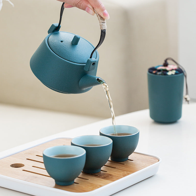 Draagbare Keramische Theeset – 1 Theepot & 4 Kopjes met Reiskoffer
