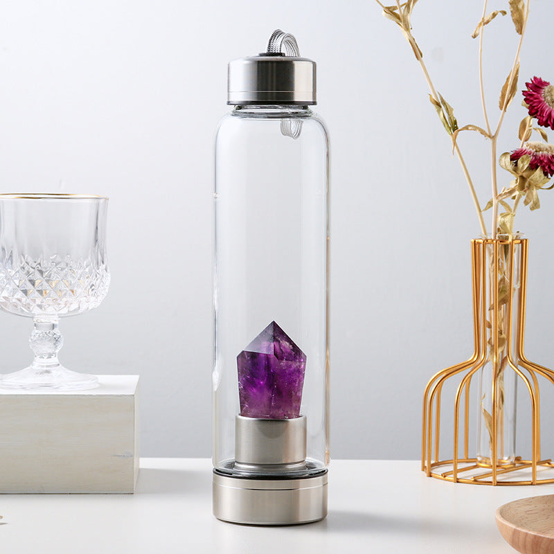 Crystal Waterfles met Amethist – Glazen Edelsteen Fles voor Rust, Balans & Bewuste Hydratatie
