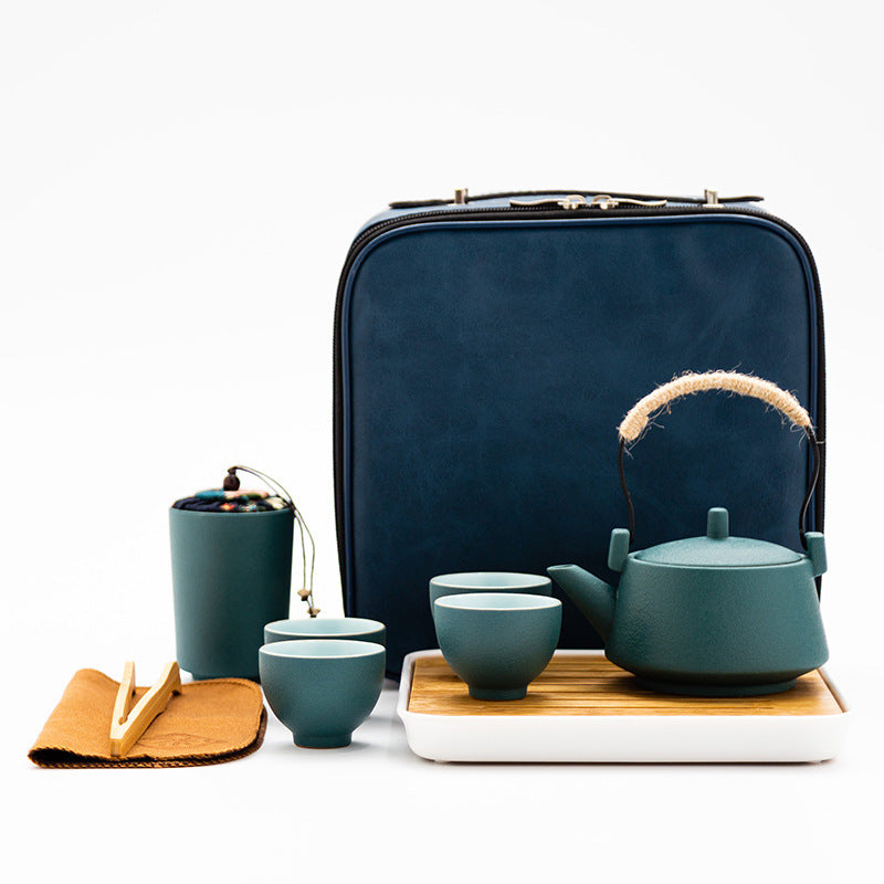 Draagbare Keramische Theeset – 1 Theepot & 4 Kopjes met Reiskoffer